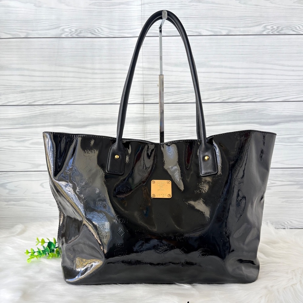MCM Embossed Patent Leather Large Tote Bag Black Visetos Monogram Gold Hardware